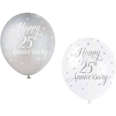 Image of Happy 25th Anniversary White &amp; Silver Latex Balloons (30cm) Pack of 5 Elegant Celebration Decorations