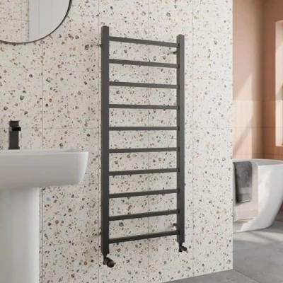 Image of Solaro® 1200 x 500mm Square Bar Straight Heated Towel Rail Radiator Modern Central Heating Bathroom Warmer Wall Mounted Ladder Rad, Matt Black
