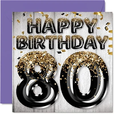 Image of 80th Birthday Card for Men Black &amp; Gold Glitter Balloons Happy Cards 80 Year Old Man Dad Great Grandad Grandpa Gran, 145mm x Eighty Eightieth Bday Greeting Gift