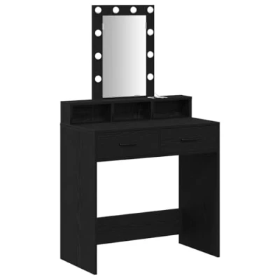 Image of vidaXL Black Oak Mirror Vanity Table Makeup/Grooming with LED Lights and Storage Bedroom Furniture 79 x 41 140 cm, Matte Finish