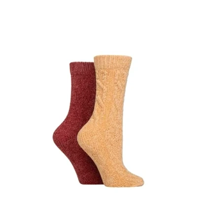 Image of Elle Women&#039;s Chenile Boot Socks Soft and Cosy Cable Knit in a Multipack of 2 for Walking, Hiking the Outdoors Size 4 8 (UK, Numeric, 4, 8, Regular, Cinnamon)