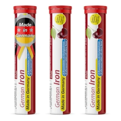 Image of German Iron Drink Effervescent Tablets 60 Servings Cherry Flavour 14 mg Iron, Sugar Free, Vegan T&amp;D Pharma Made in Germany