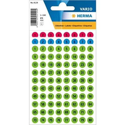 Image of HERMA 4129 Number Stickers, Black, 1 160 Round, 480 Pieces, Diameter 8 mm, Self Adhesive, Small, Matte, Adhesive Numbers Paper House for Sticking, Colourful