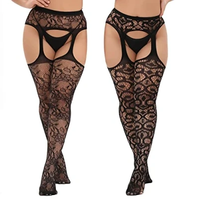 Image of MANZI Women Suspender Tights Plus Size Lace Patterned Garter Stockings Sexy Fishnet Thigh High 2 Pairs