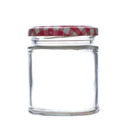 Image of 190ml Deluxe Glass Food Jam Jars with Airtight Lids suitable for Marmalade, Honey and Home Preserving (Red Gingham Lid, Pack of 100)