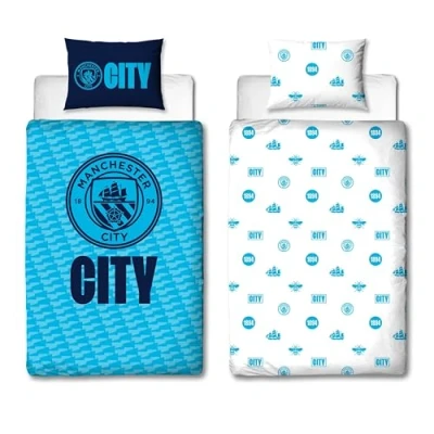 Image of Manchester City FC Character World Official Single Duvet Cover Set, Crestcol Design Blue Reversible 2 Sided Football Bedding Merchandise Including Matching Pillow Case