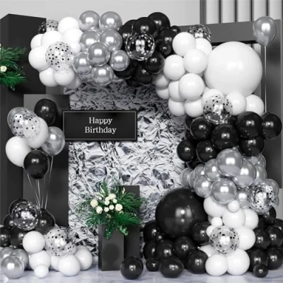 Image of Black white Silver Balloon Arch Kit,100 Pcs Garland Kit with Confetti Balloons for Birthday Baby Shower Wedding Engagement Anniversary Party Decorations