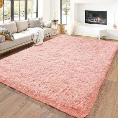 Image of Hafaa Rugs Living Room 120 x 170 cm Fluffy Shaggy Pink Area for Bedroom Modern Super Soft Plush Carpet Non Slip Shedding Easy To Clean Rug