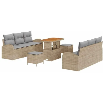 Image of vidaXL 9 Piece Garden Sofa Set with Cushions Beige Poly Rattan Acacia