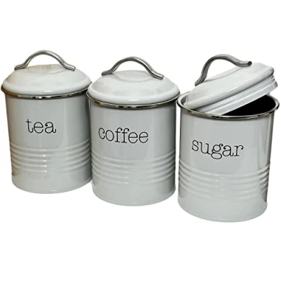 Image of Darthome Grey Tea Coffee Sugar Canisters Metal Airtight Lid Set Of 3 Kitchen Storage Jars (Grey)