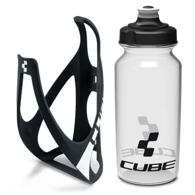 Image of Cube HPP Cage Matt Black/White &amp; Icon Bottle Clear, 500ml / Lightweight Bicycle Cycling Cycle Bike MTB Mountain Road Water Drink Flask Bidon Bracket Mount Holder Carrier Kit Part Set Accessories