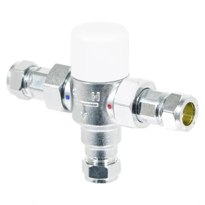 Image of SPARES2GO 15mm TMV Thermostatic Mixing Valve Water Supply Blending Compression Fitting Kit (Chrome Plated Brass)