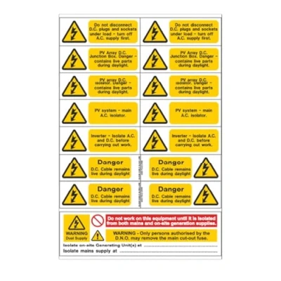 Image of iSigns Warning Signs (Solar Panel Inverter PV Array Set) Set of 5 Sheets with 15 Hazard Stickers Each, Over Laminated Self Adhesive Vinyl Danger Sign Stickers, British HSE Standards Approved