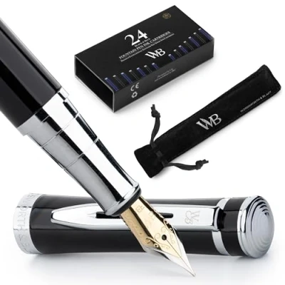 Image of Wordsworth &amp; Black Fountain Pen Set, Extra Fine Nib, Includes 24 Pack Ink Cartridges, Refill Converter Gift Pouch, Chrome Finish, Calligraphy, [Black Chrome], Perfect for Men Women