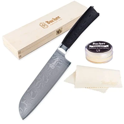 Image of Bacher Santoku Damascus Knife 7 inch Chef Forged from 67 Layers of AUS10V Sharp, Premium Kitchen Japanese Steel with G10 Handle for Easy Cooking and Chopping