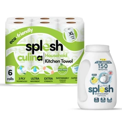Image of Splesh Cleaning Bundle of 3 Ply Culina Kitchen Towel Ultra Absorbent Household XL 6 Roll with in 1 Dishwasher Tablets Ultimate Freshness, Lemon Scent 150 Washes