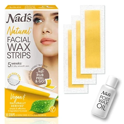 Image of Nad&#039;s Natural Facial Wax Strips Hair Removal For Women, Face Strips, Includes 30 Vegan Waxing + Post Oil