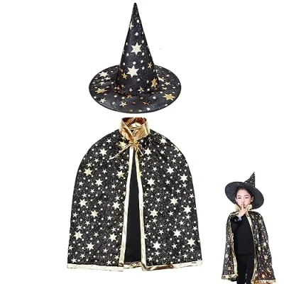 Image of ZHjuju Wizard Cloak with Hat，Halloween Fancy Dress Costume Kids Halloween Costumes Witch for 3 12 Years Children Boys Girls,Halloween Props Cosplay Party Black