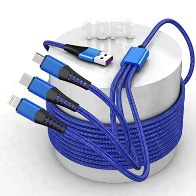 Image of Multi 3 in 1 USB Long Charger Cable, 3M/10Ft Nylon Braided PD 6A Fast Charging Cord, Universal Multiple Ports Cable with C/Micro USB/Lightning Connector for Apple/Android/Samsung
