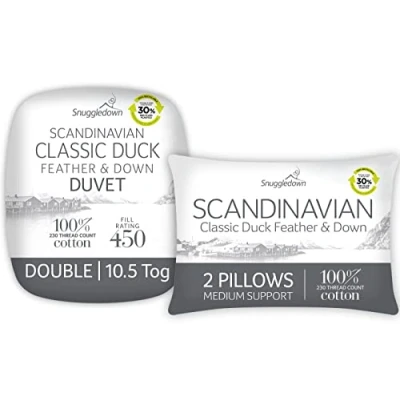 Image of Snuggledown Duck Feather &amp; Down Double Duvet 10.5 Tog All Year Round Quilt Ideal for Summer Winter, 2 Medium Pillows Soft Cotton Cover, Hypoallergenic, Machine Washable, Size (200cm x 200cm)