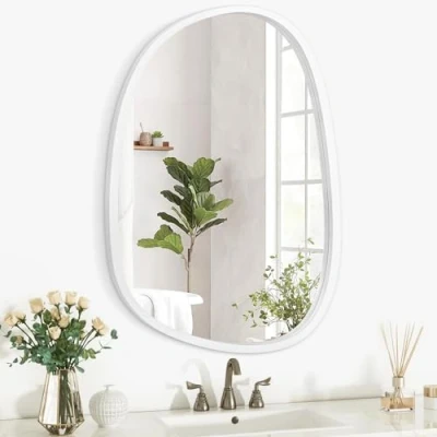 Image of Wood Frame Hanging Wall Mirror Asymmetrical Irregular Oval Mirrors for Unique Shape Decorative Artistic Entryway Bedroom Living Room Bathroom White