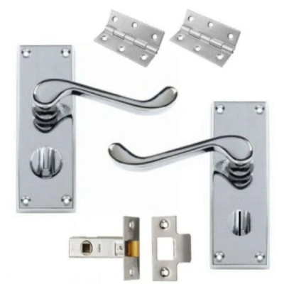 Image of Golden Grace Victorian Scroll Polished Chrome Door Handle Privacy Pack 120mm +Hinges &amp;63mm Latch