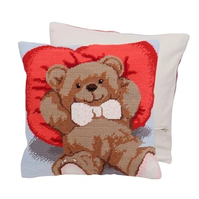 Image of Trimits Half Stitch Cross Cushion Kit, Back Included, Pre Printed Canvas, Yarn and Needle Included 40 x 40cm (15.75 15.75in), Ted