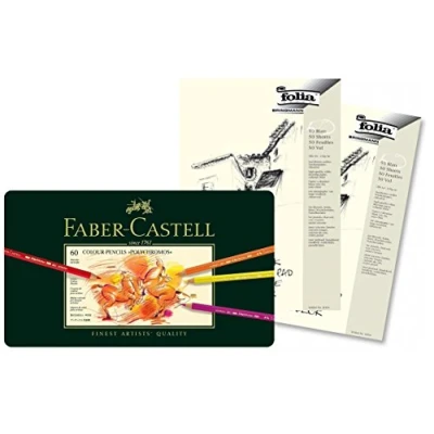 Image of Faber Castell 110060 Polychromos 60 Colouring Pencils in Metal Box, mit Block, 60er 2x Skizzenblock