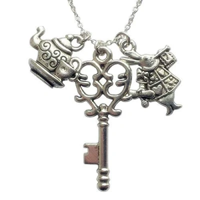Image of Silver KNIGHT Jewellery Charming, Sterling 925 Plated Chain with Tibetan Alice in Wonderland Pendants. 22 inch Organza Gift Bag