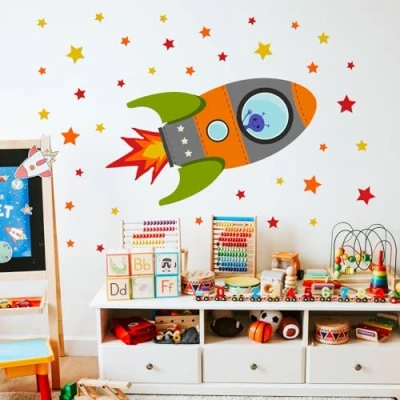 Image of Stickerscape Flying Rocket Wall Sticker (Orange Large) Nursery Stickers, Space Decor, Decal Easy to Apply, Cleanly Removable