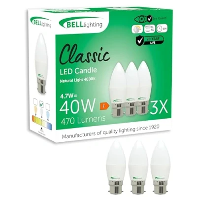 Image of Bell Lighting B22 Bayonet Dimmable Light Bulb LED Candle 3 Pack Cool White 4000K 470 Lumen 4.7W Energy Saving 40W Halogen Lamp Equivalent