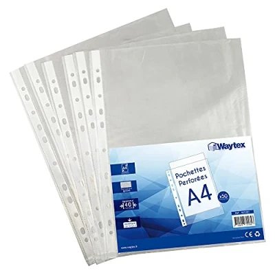 Image of WAYTEX Perforated Folder A4, Transparent Grained, 40 Mic, Pack of 50