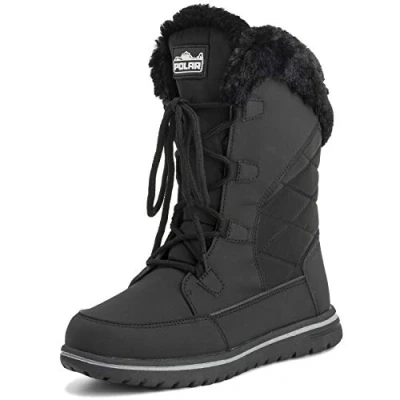 Image of Polar Boot Womens Quilted Outdoor Cuff Snow Duck Waterproof Lace Up Faux Fur Boots, Black Nylon, 8 UK