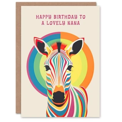 Image of Artery8 Nana Happy Birthday Card Fun Rainbow Zebra Stripes Bauhaus Bright Funky For Her Greeting