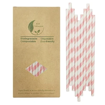 Image of Light Blush Pink and White Striped Paper Straws, Disposable Stripes Drinking 7.75 Inches, Pack of 100
