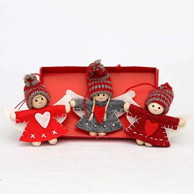 Image of Dekohelden24 Felt doll angel with knitted hat as a pendant/tree decoration in set of 3, dimensions (L x W H): 1.5 5 8 cm.