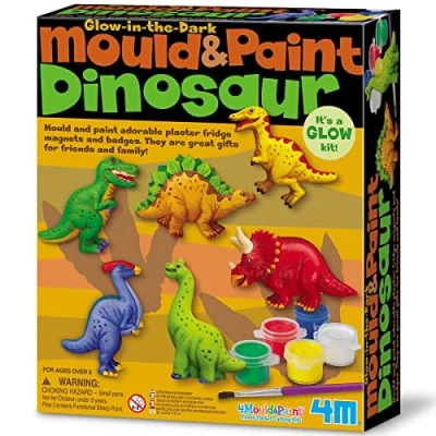 Image of 4M Dinosaur Mould and Paint, Arts Crafts Kit to Create your own Magnets or Badges Paint using the paints provided, Glow in Dark for ages 5+
