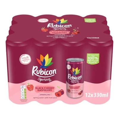 Image of Rubicon Spring 12 Pack Black Cherry Raspberry, Sparkling Water with Real Fruit Juice &amp; Natural Flavours, , Only 9 Calories x 330ml Multipack Cans
