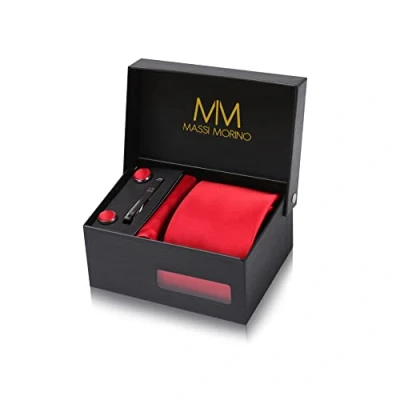 Image of Massi Morino Tie and Pocket Square Set Men incl. Cufflinks, Pin Gift Box Men&#039;s red for Wedding