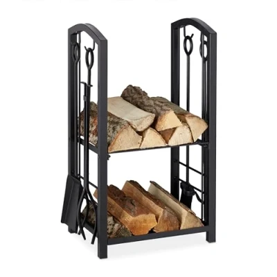 Image of Relaxdays Firewood Rack with Cutlery 2 Shelves Steel 4 Pieces Shovel, Broom, Tongs &amp; Hook, Black, 73 x 46 30 cm,10028783