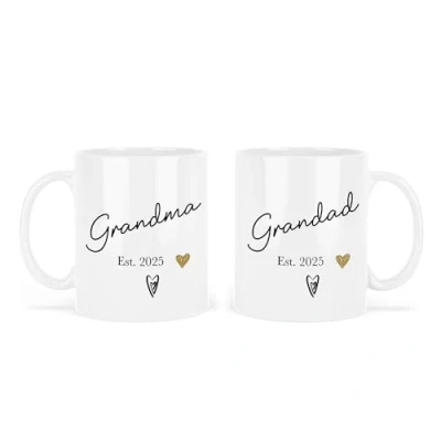 Image of UNIQUEPGIFTS New Grandma and Grandad Mugs, Pregnancy Announcement Gift, Grandparents Gifts, to Be 11 Oz White Mug Set (Grandma &amp; Est. 2025 (2 Mugs))
