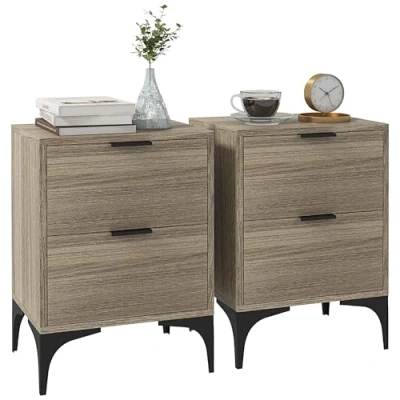 Image of HOMCOM Bedside Tables Set of 2, Modern Nightstand with 2 Drawers, Small Sofa End Storage and Steel Legs for Bedroom, Living Room, Grey