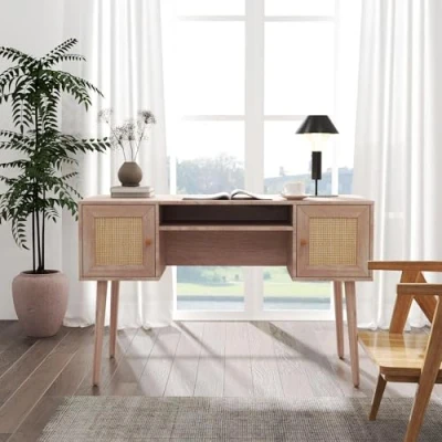 Image of URBANDECO Ferrero Natural and Woven Rattan 2 Drawer Desk