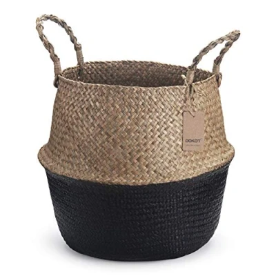 Image of Seagrass Belly Basket Natural Woven Plant Pot Foldable with Handles for Storage Laundry Blankets Toys (Natural + Black)