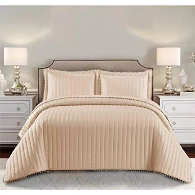Image of Householdfurnishing 3 Piece Quilted Bedspread Bed Embossed Bedding Set Throw Comforter with Pillow Shams (Beige, Super King)