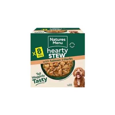 Image of Natures Menu Hearty Stews Chunks in Gravy Wet food Pouches for Adult Dogs with Salmon &amp; Herbs 8 x 100g