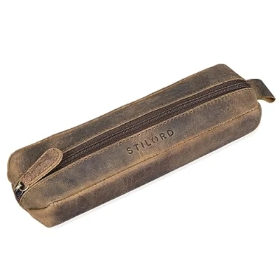 Image of STILORD &#039;Quinn&#039; Leather Pencil case Round Vintage Pen Holder Pouch roll Large Ladies Men Genuine Leather, Colour:Middle Brown