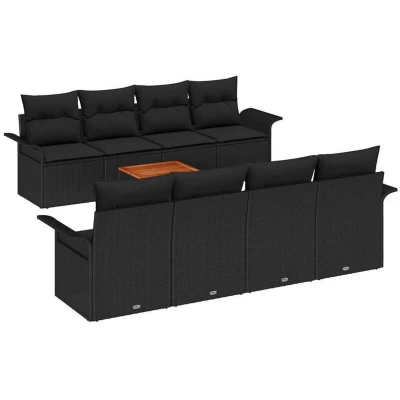 Image of vidaXL 9 Piece Garden Sofa Set with Cushions Black Poly Rattan Acacia