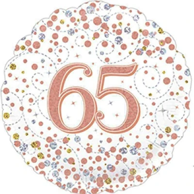 Image of OakTree 227154 Sparkling Fizz Happy 65th Birthday Balloon, White and Rose Gold, 18