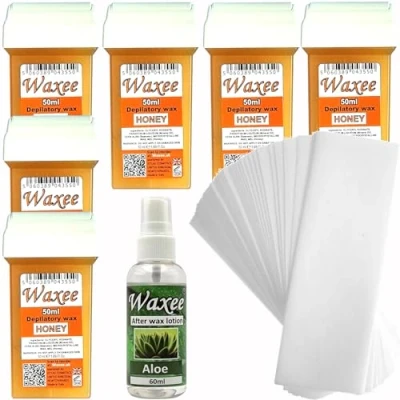Image of 50ml wax refills compatible for Veet EasyWax roll on, roller cartridges, Honey, 6pcs + waxing strips after oil.